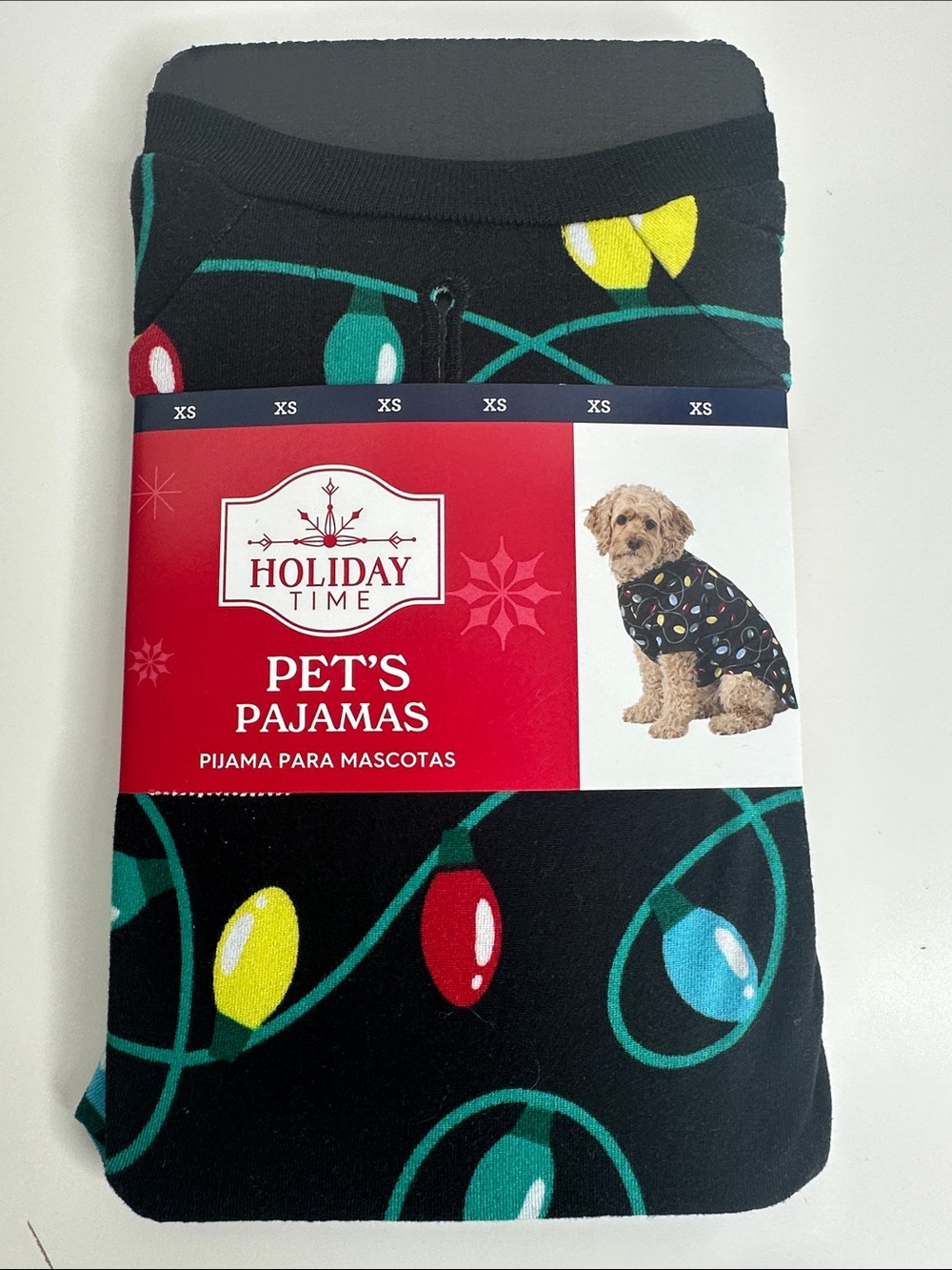 Holiday Time Black Pet Pajama Set with Multicolor Light Bulb Print